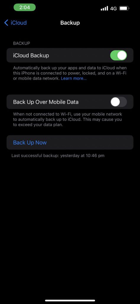 Back Up Over Cellular Data Setting