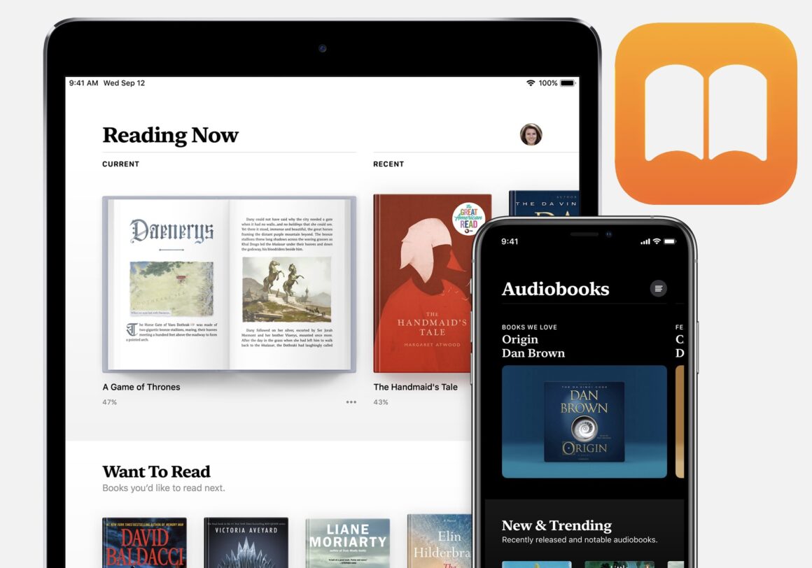 Apple Audiobooks on Books app, showing iPad and iPhone.