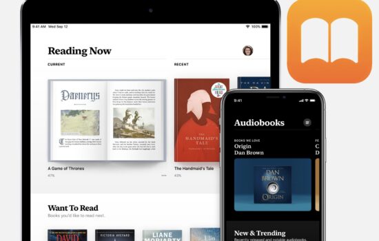 Apple Audiobooks on Books app, showing iPad and iPhone.