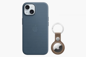 Apple - iPhone 15 and a FineWoven case and a AirTag Keychain.
