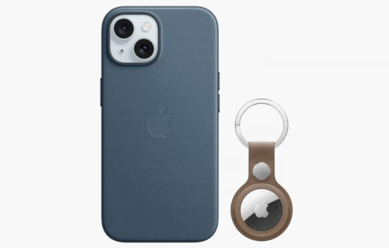 Apple - iPhone 15 and a FineWoven case and a AirTag Keychain.