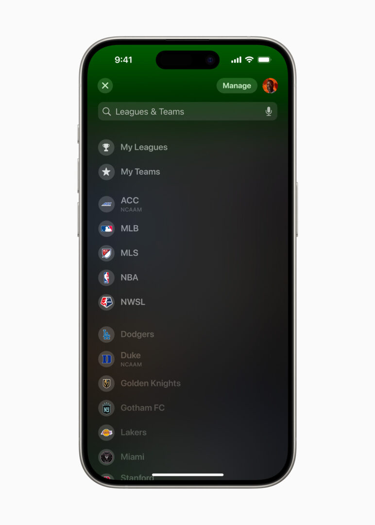 Apple Sports Manage tab.