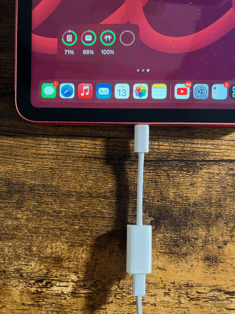 USB-C to Lightning adapter used to charge an iPad 10