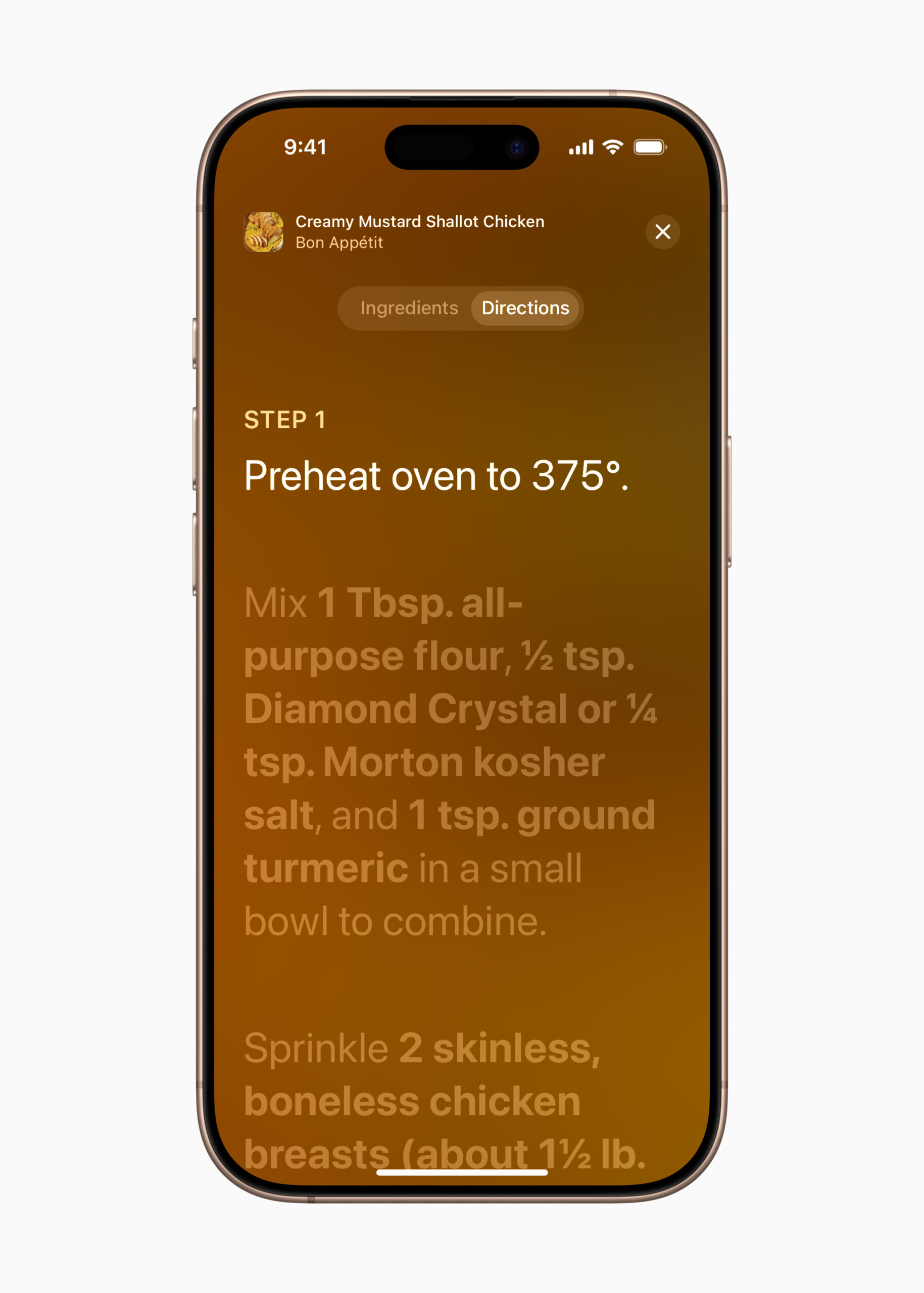 An iPhone showcasing the cook mode in News+ Food with a step-by-step view for following a recipe.