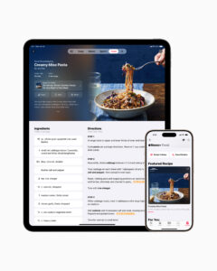 iPhone and iPad displaying views of Apple News+ Food homepage and recipe view.
