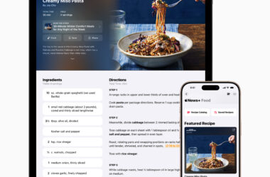 iPhone and iPad displaying views of Apple News+ Food homepage and recipe view.