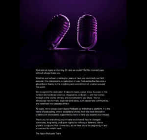 Apple Podcasts 20th Anniversary email screenshot.