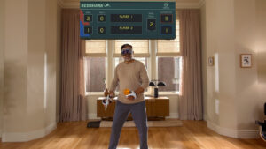 A man wearing Apple Vision Pro doing sports indoors.