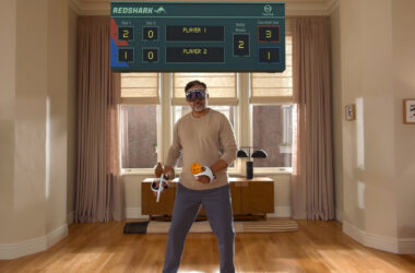 A man wearing Apple Vision Pro doing sports indoors.