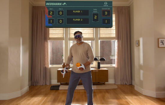 A man wearing Apple Vision Pro doing sports indoors.
