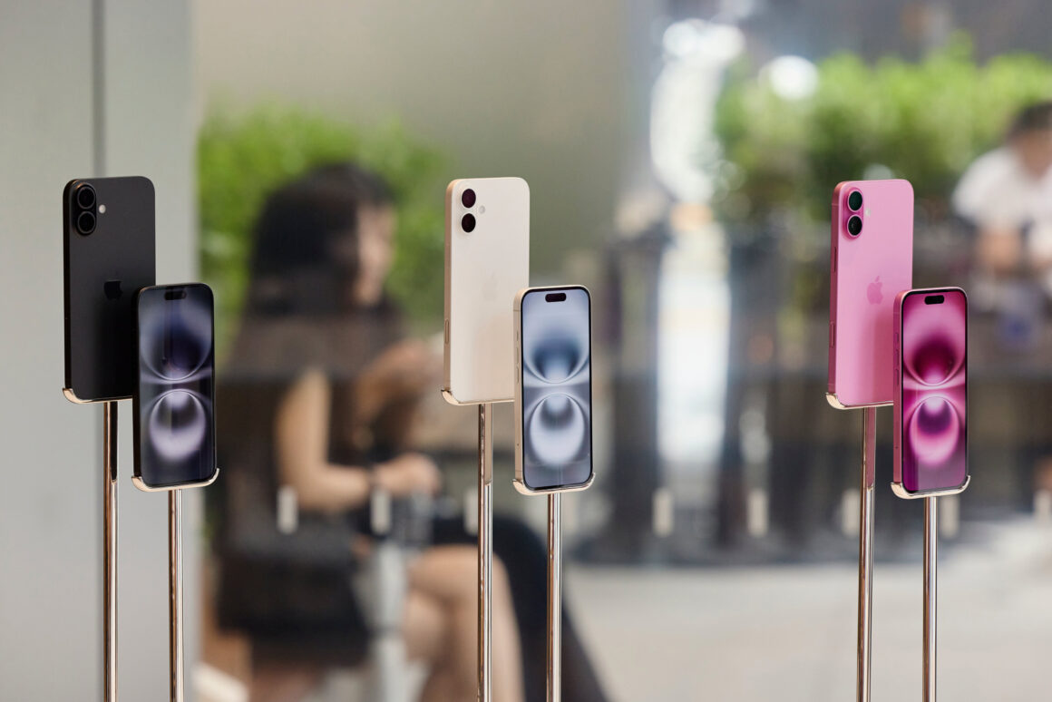 iPhone 16 at display in an Apple Store