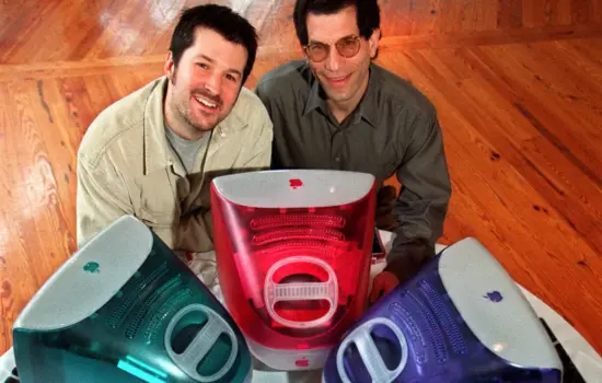 Jonathan Ive with Jon Rubinstein and iMac personal computers, at Apple headquarters in Cupertino in 1999.