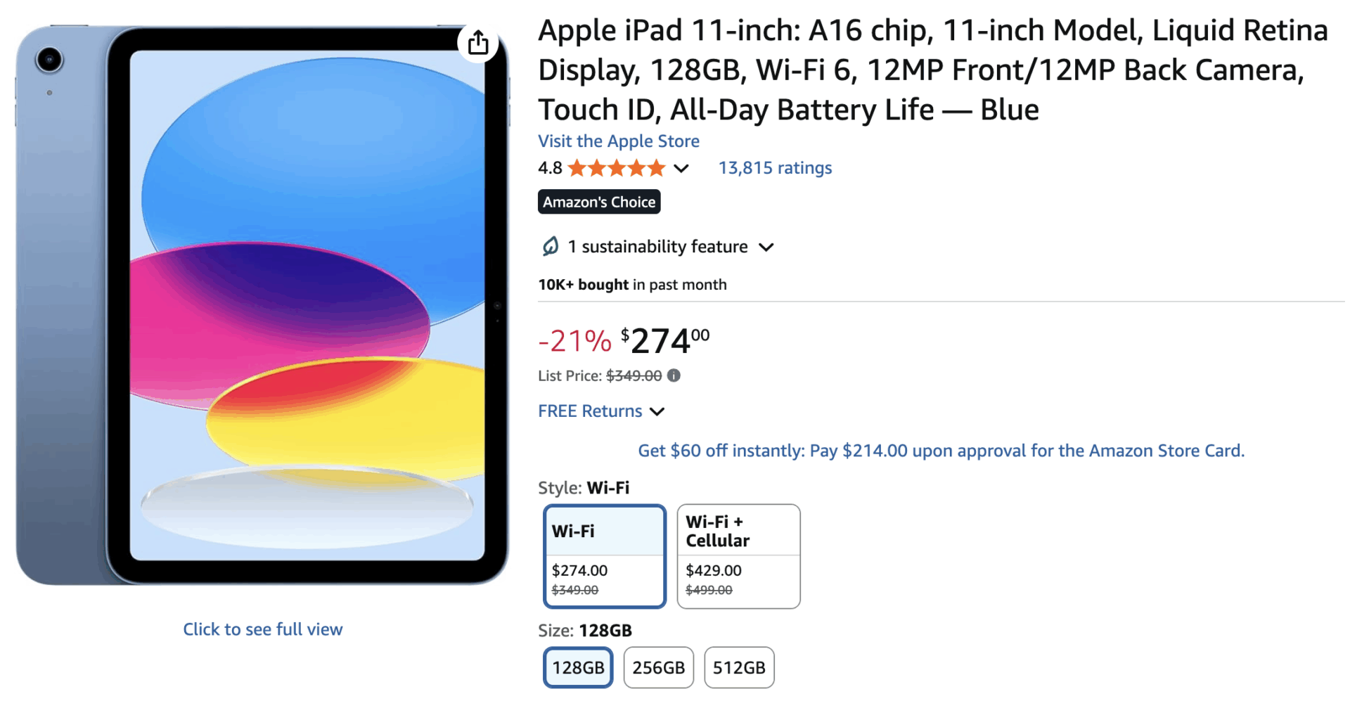 iPad 11-inch $274 Amazon