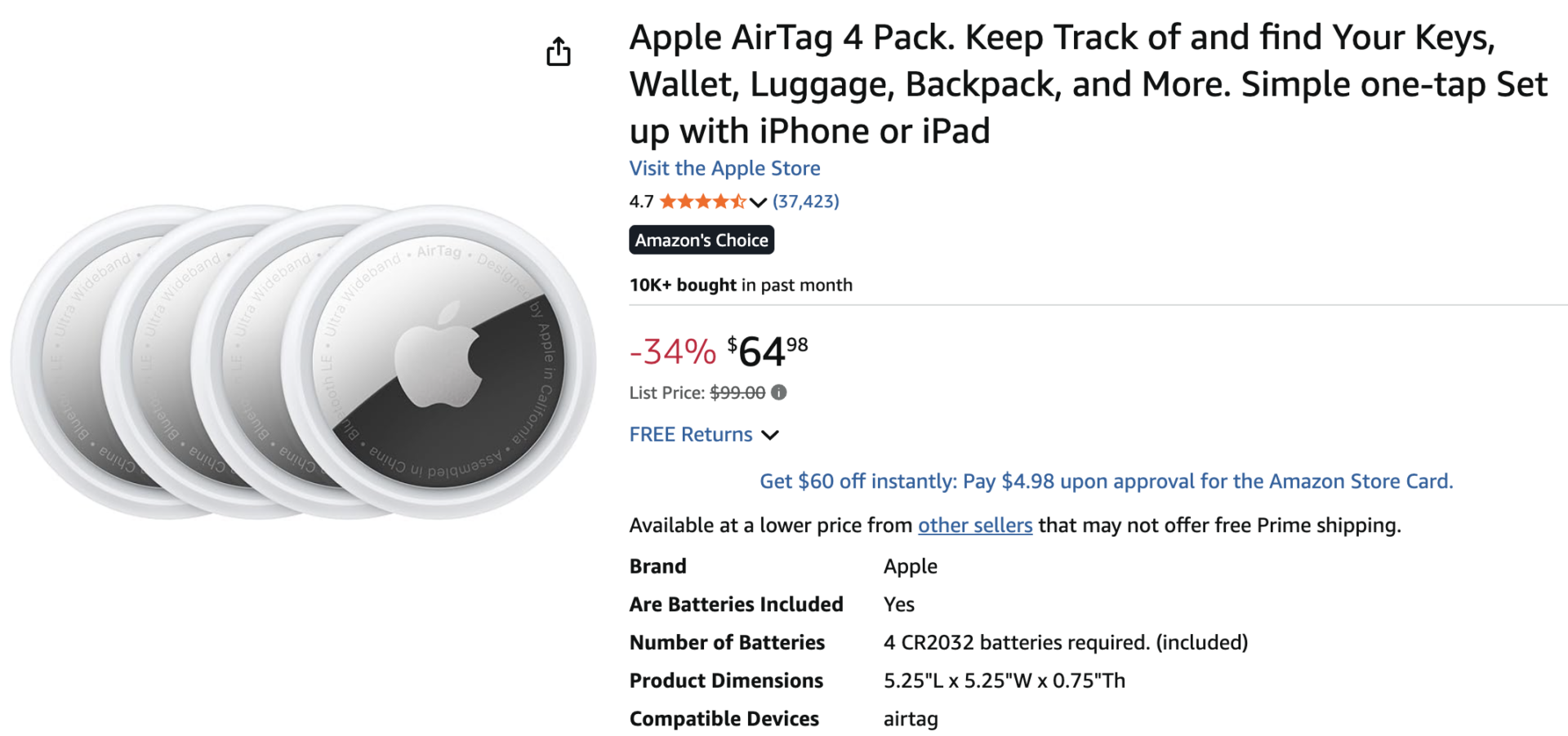 Apple AirTag 4-pack $65 on Amazon