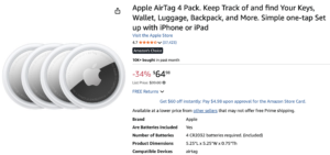AirTag 4-pack $65 on Amazon
