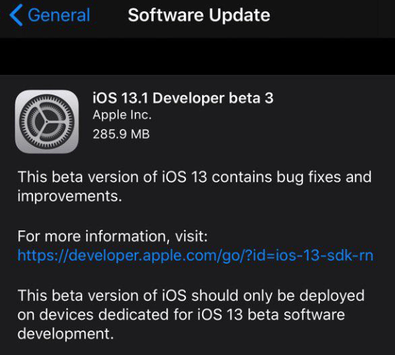 Apple seeds iOS 13.1 Developer Beta 3