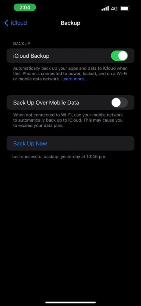Back Up Over Cellular Data Setting