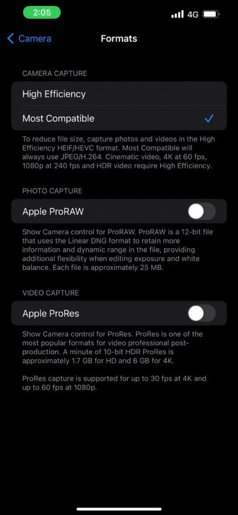 Apple ProRAW and Apple ProRes Setting