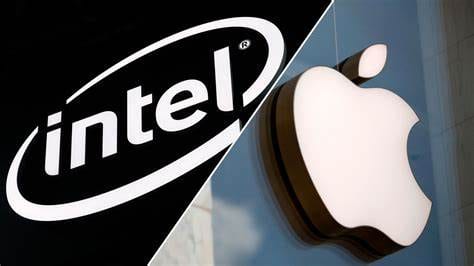 Intel and Apple with cross-section in the middle.