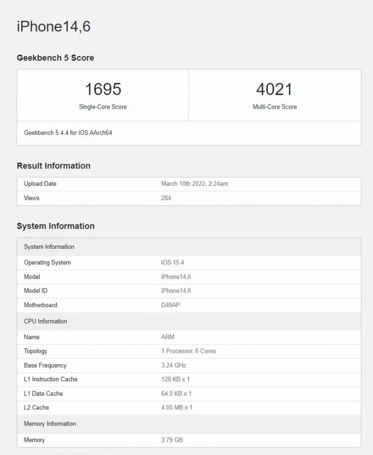 iPhone SE 3 Geekbench Scores