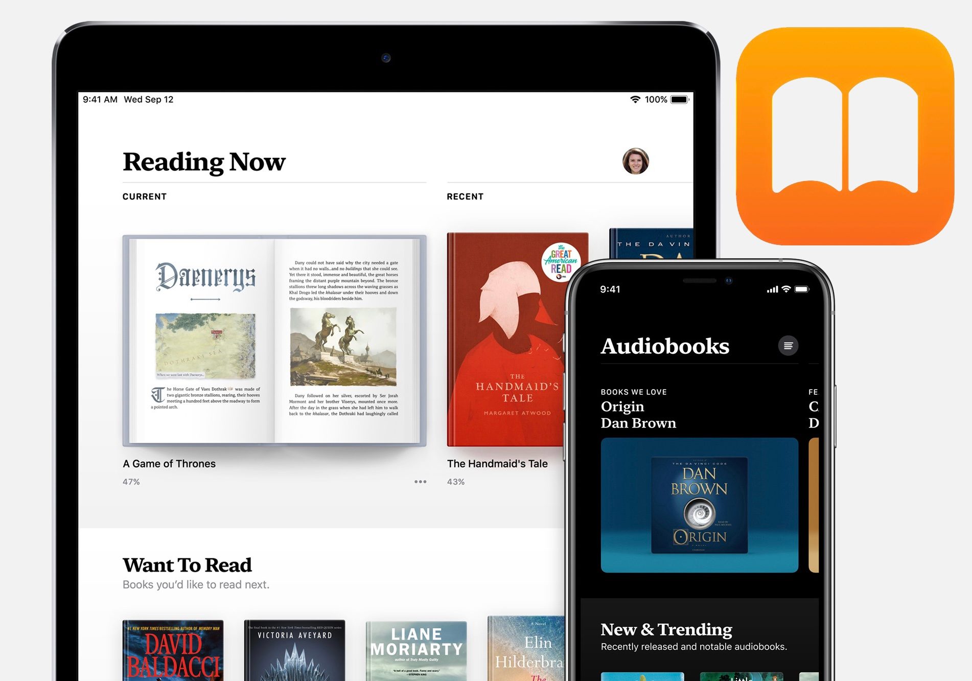 Apple Audiobooks on Books app, showing iPad and iPhone.