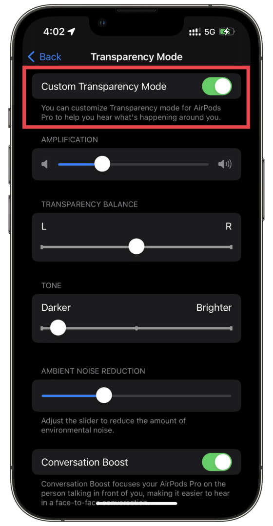 Customized Transparency Mode on AirPods Pro