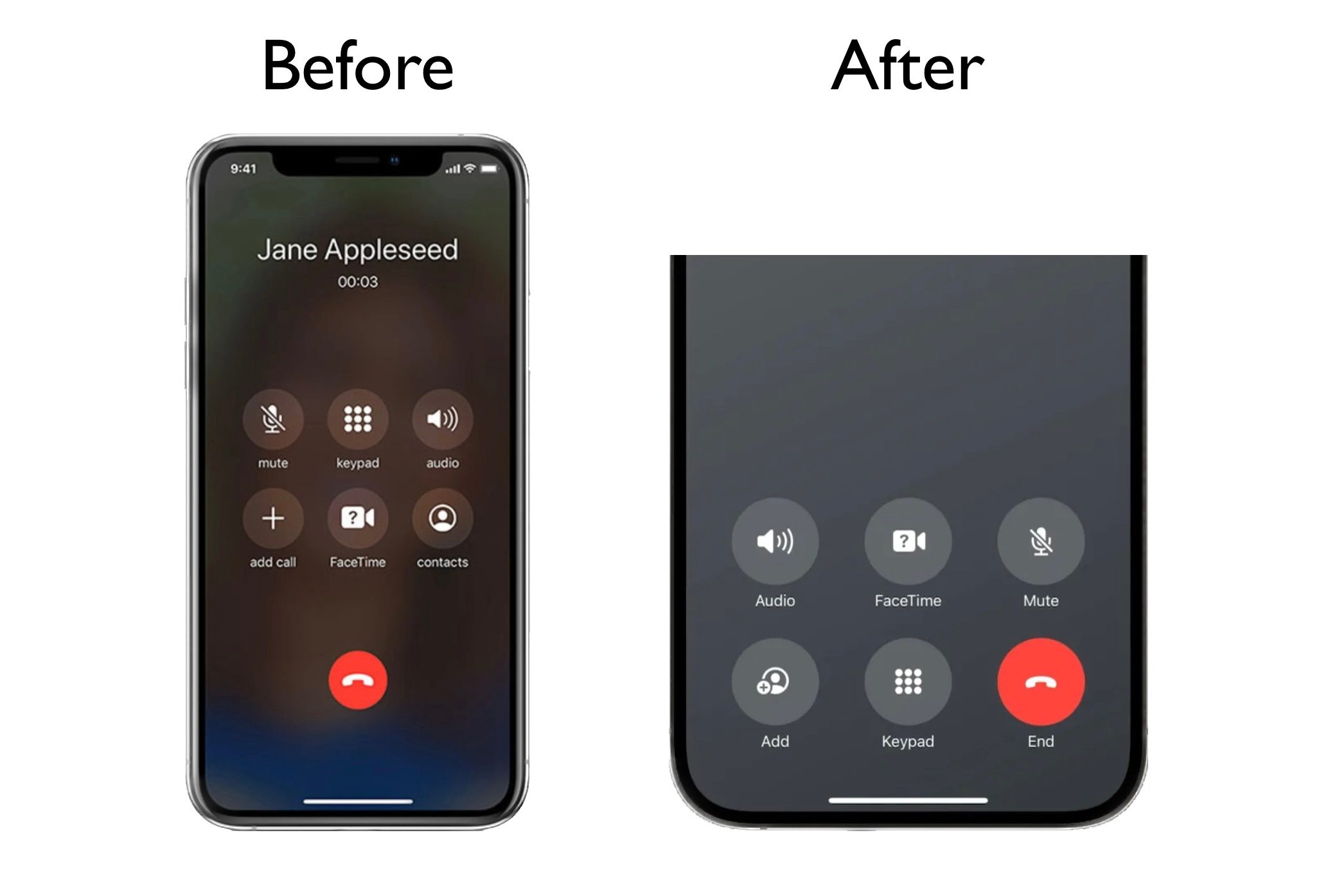 Red end call button is being moved to a different spot in iOS 17