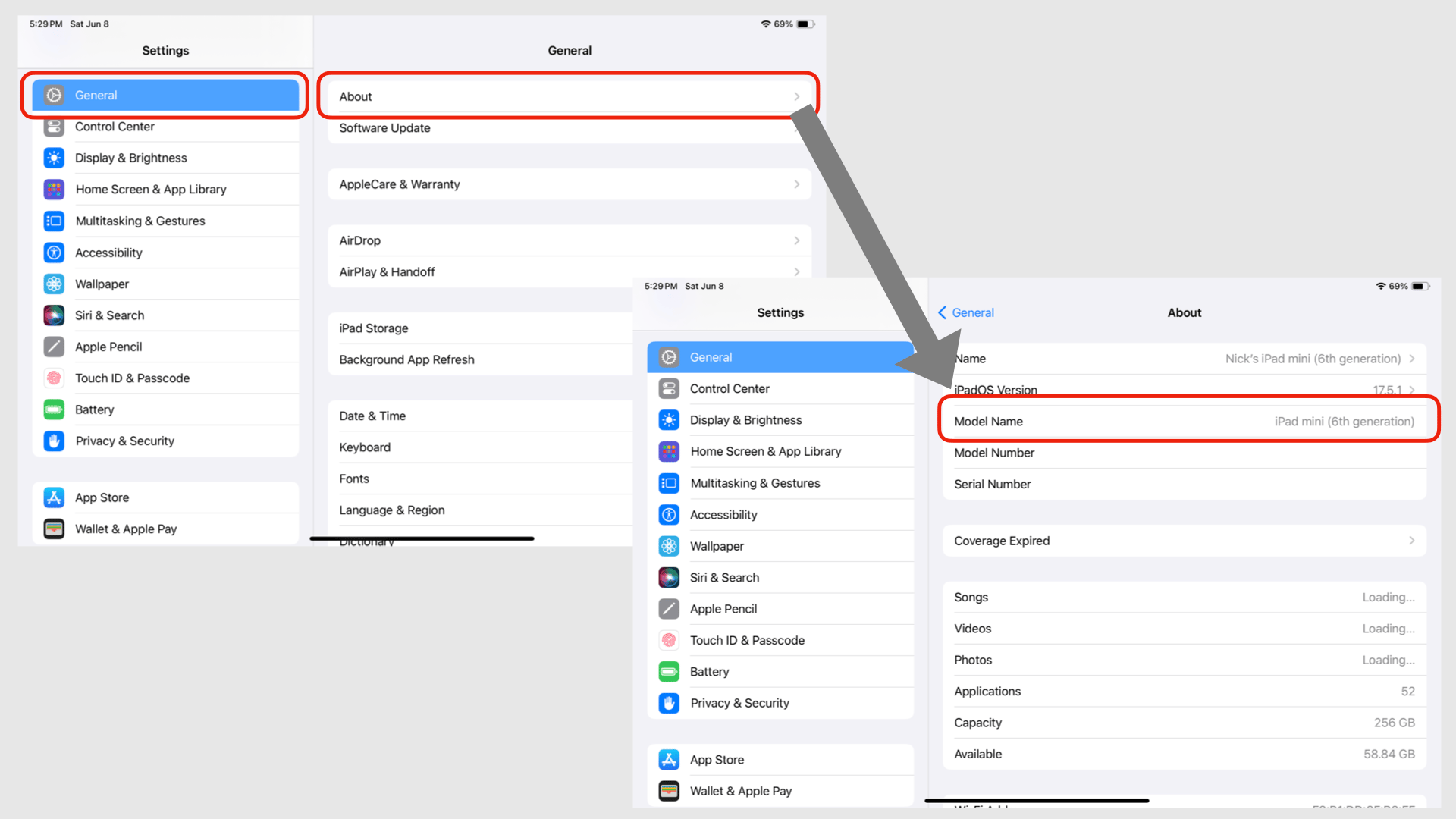 Illustration on how to find your iPad's model name