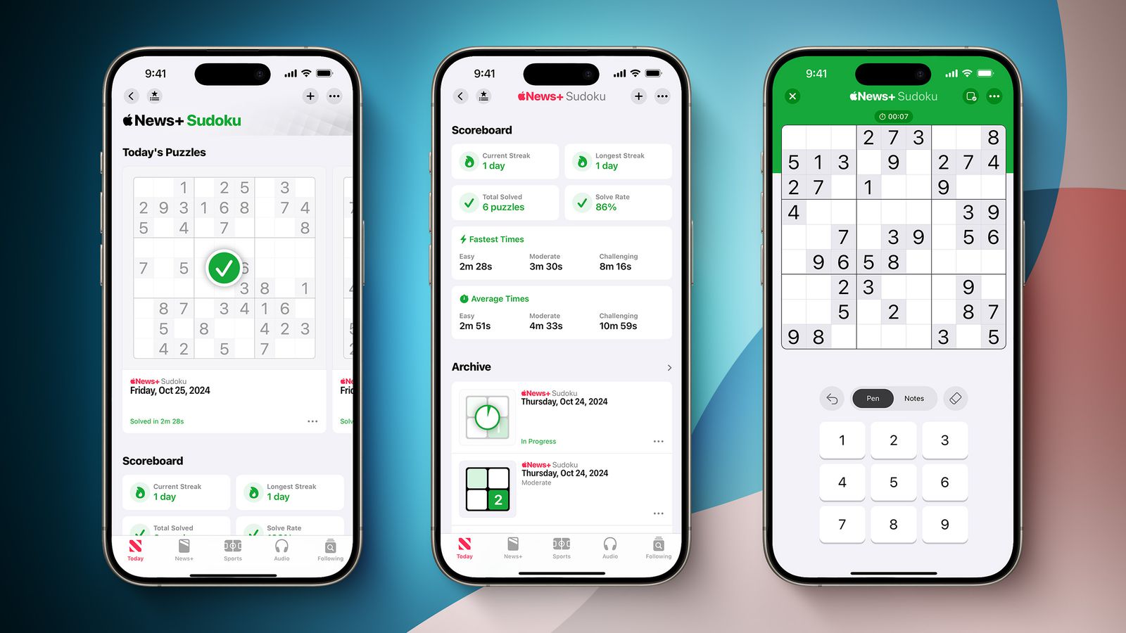 Screenshots of Sudoku on Apple News+