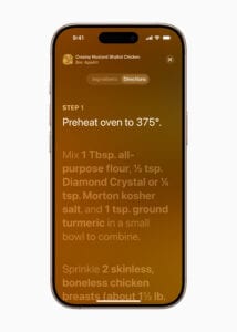 An iPhone showcasing the cook mode in News+ Food with a step-by-step view for following a recipe.