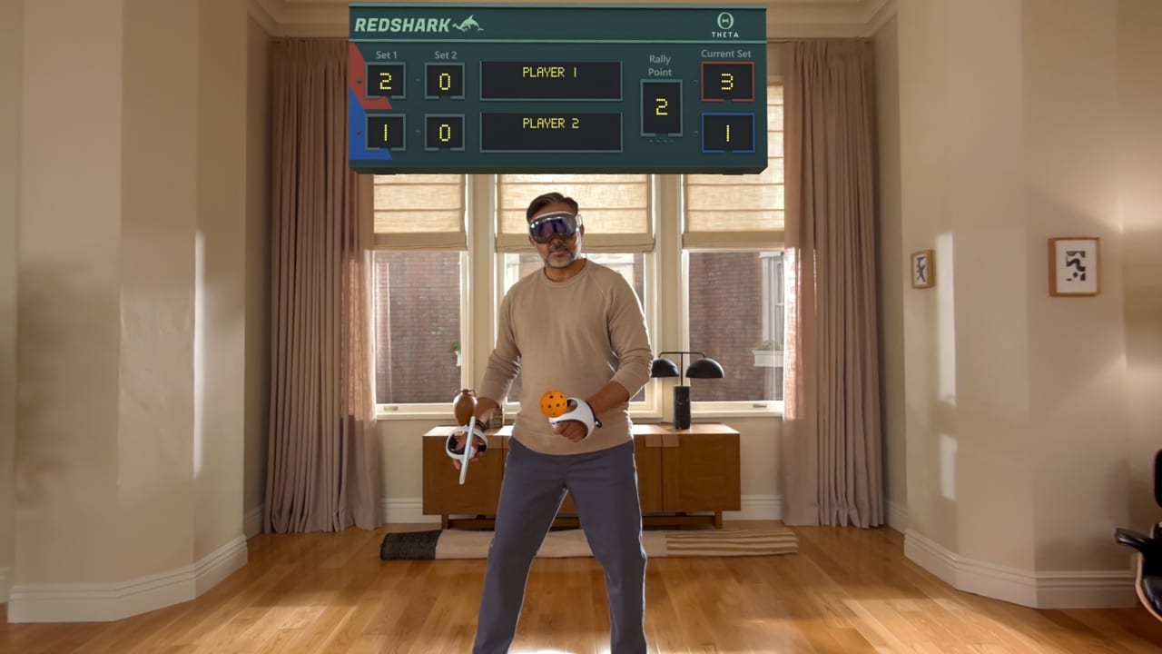A man wearing Apple Vision Pro doing sports indoors.