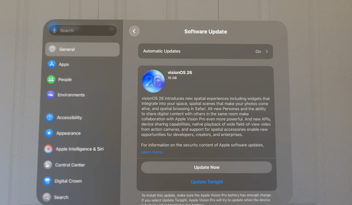 visionOS 26 available as a software update