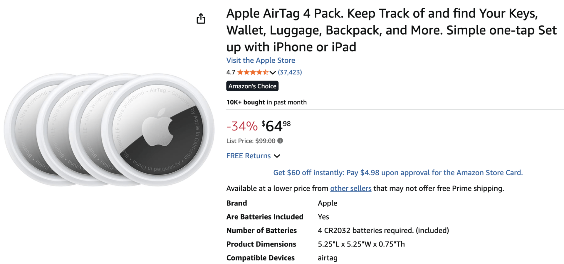Apple AirTag 4-pack $65 on Amazon