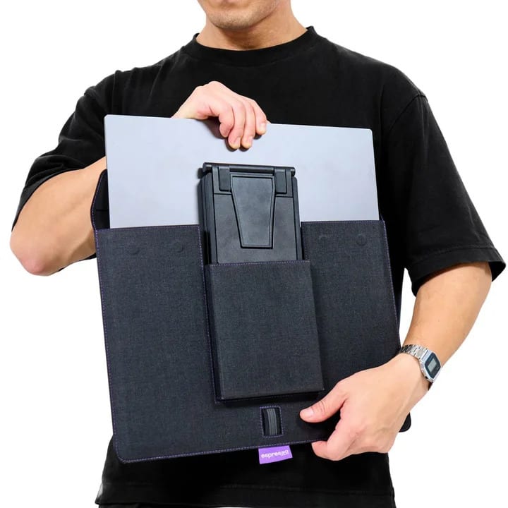 espresso Display with Magnetic Stand+ being placed into a travel case.