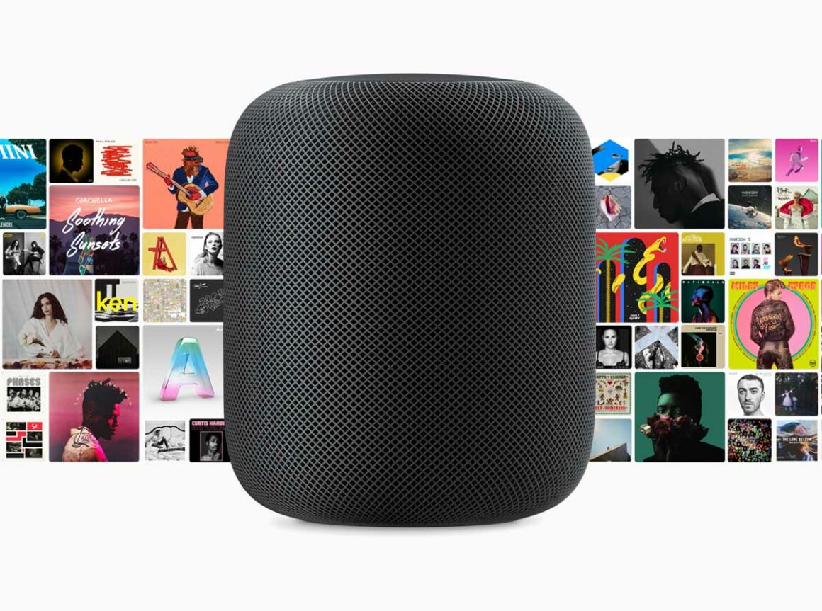 Space Grey HomePod Speaker with Apple Music Album Covers