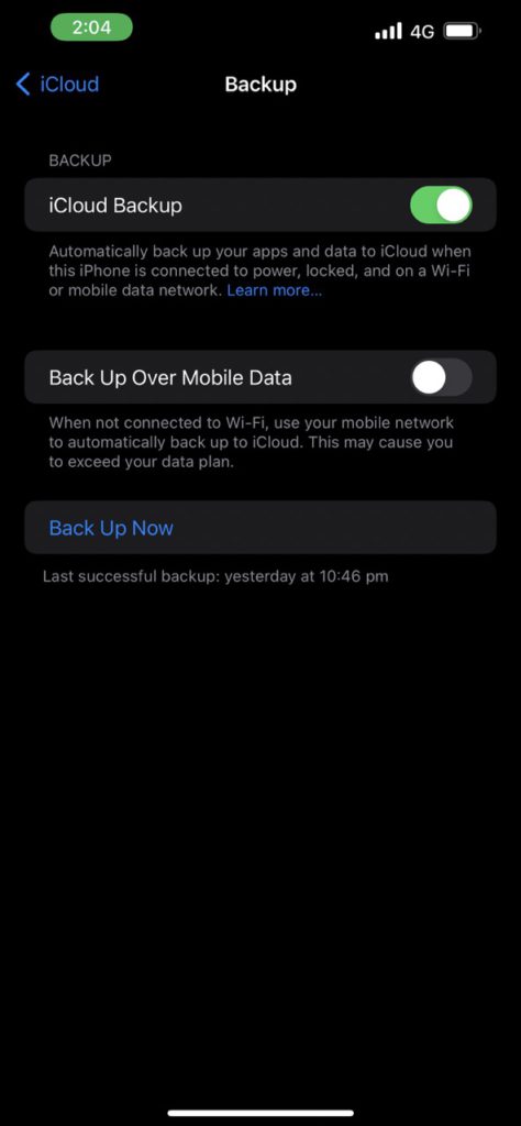 Back Up Over Cellular Data Setting