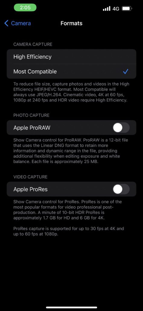 Apple ProRAW and Apple ProRes Setting