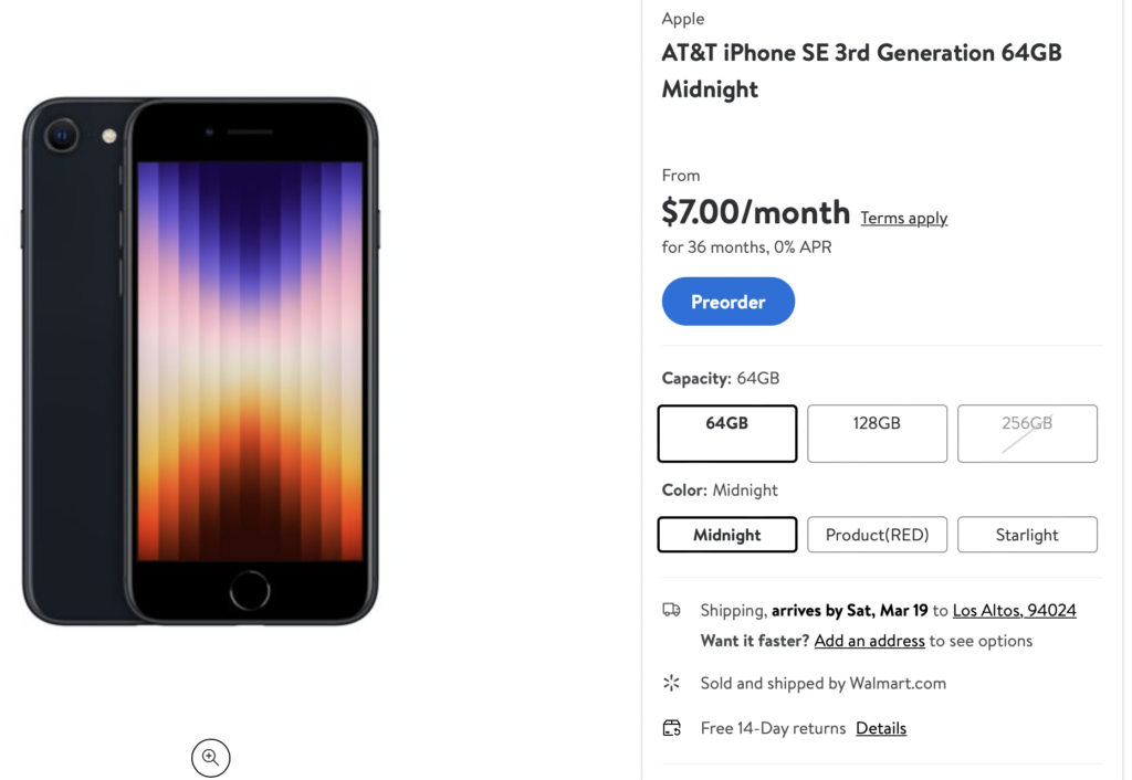 iPhone SE 3 Walmart AT&T