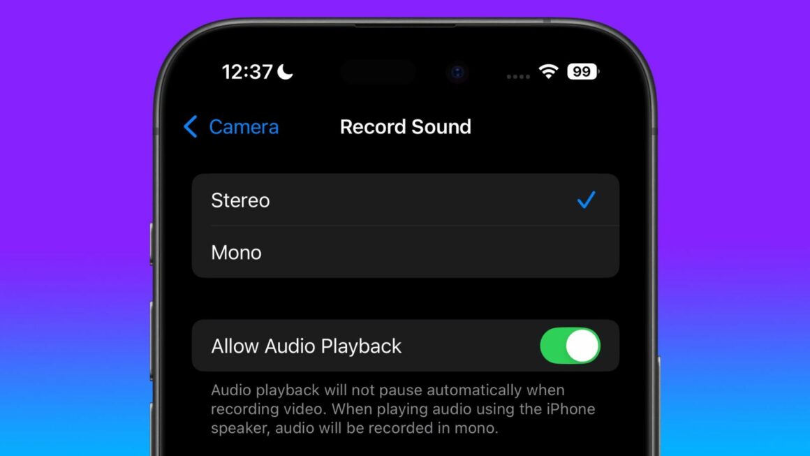 Screenshot of toggle to enable audio playback when recording video.