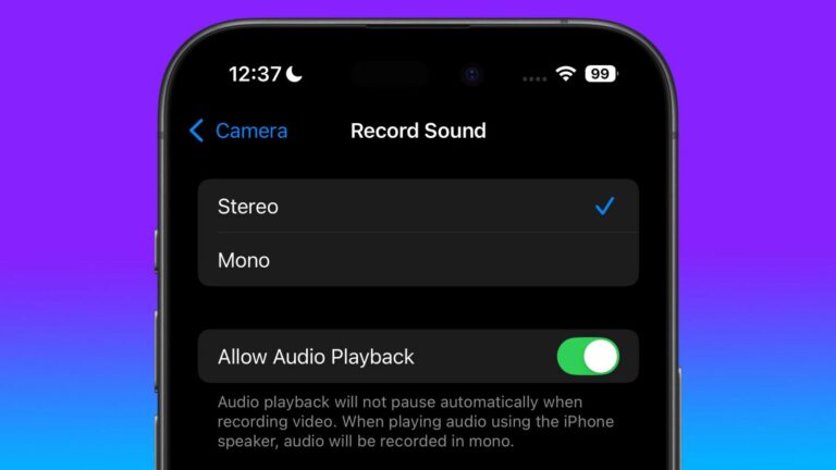 Screenshot of toggle to enable audio playback when recording video.