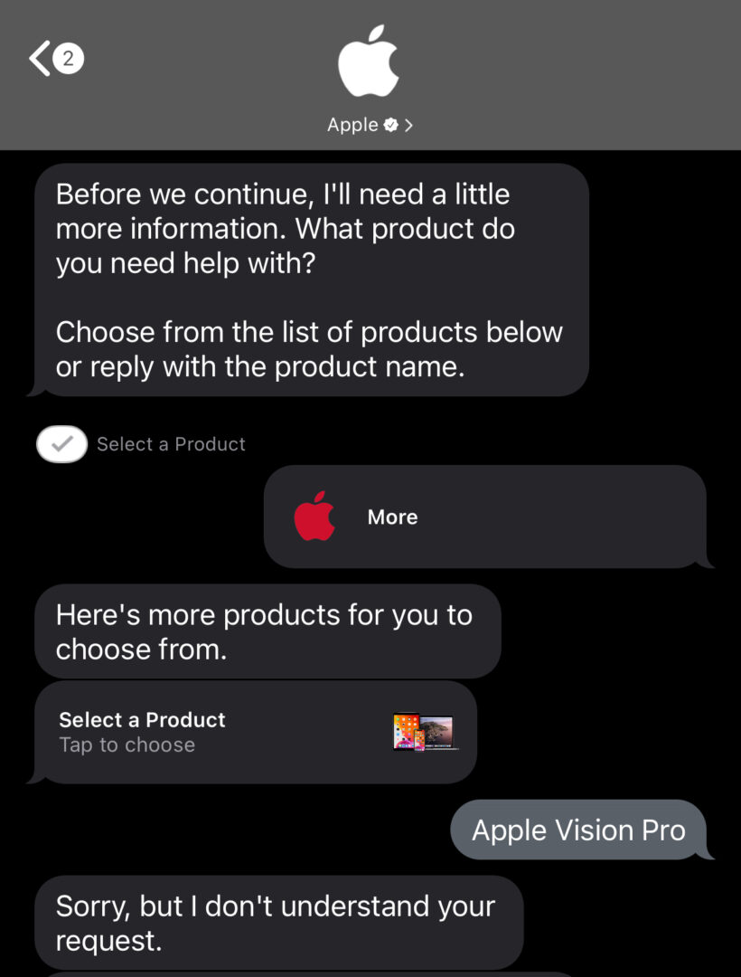 iMessage conversation showing Apple chatbot unable to understand Vision Pro support request.